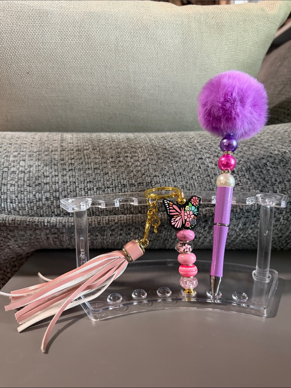 Purple Pom Pom Beaded Pen & Pink Tassel Keychain Set
